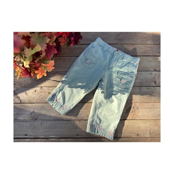 Woolco Mint Green Capri Pants Pink Embroidery Trim 100% Cotton Sz 5 - Picture 2 of 7